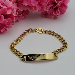 Eight Pointed Star Embossed Name ID Bracelet  7.5" Gold Tone Vintage Hong Kong